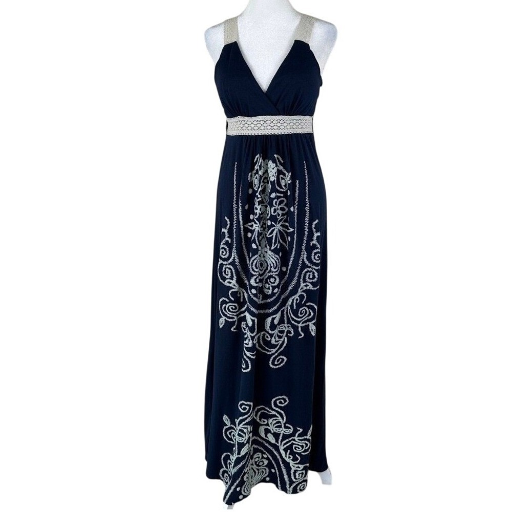 Zealous Maxi Dress Women L Navy Blue Boho Embroidered V-Neck Y2K Babydoll